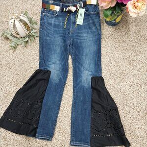 3786 Size 33/12 Upcycled American Eagle Bell-Bottom Jeans Trimmed with Black.